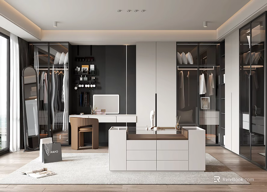 Modern Walk in Closet Interior Design With Glass Door Cabinets Hanging Areas And Dressing Table 3d model 