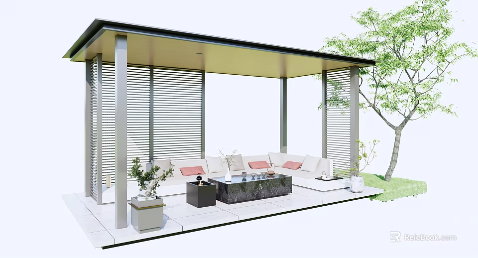 Modern Pergola With Flat Roof Slatted Sides Sofa Seating Coffee Table And Plants 3d model 