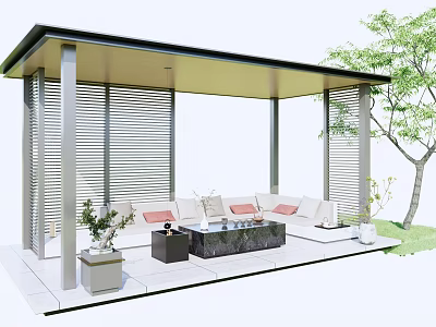 Modern Pergola With Flat Roof Slatted Sides Sofa Seating Coffee Table And Plants 3d model