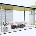 Modern Pergola With Flat Roof Slatted Sides Sofa Seating Coffee Table And Plants