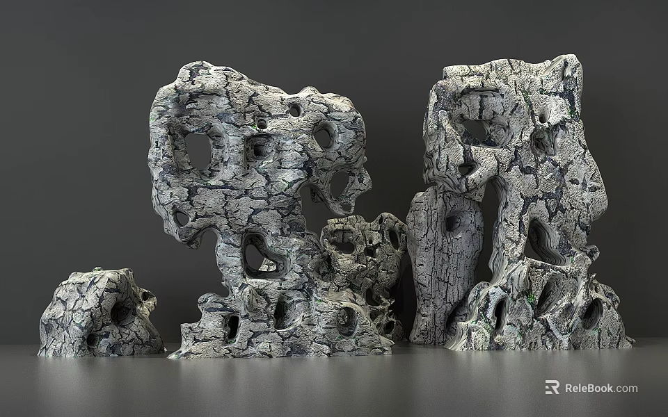 Natural Stone And Wood Decorative Structures With Hollow Holes And Cracked Surface Textures 3d model 