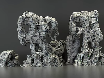 Natural Stone And Wood Decorative Structures With Hollow Holes And Cracked Surface Textures 3d model