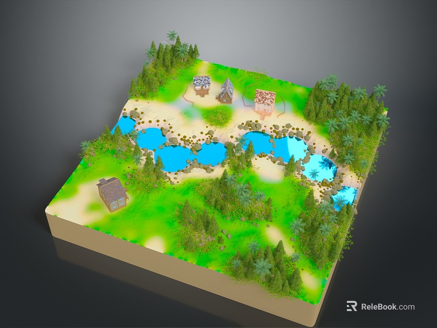 Scenic Landscape With Lush Green Grass Trees Blue Ponds And Small Cottages 3d model 