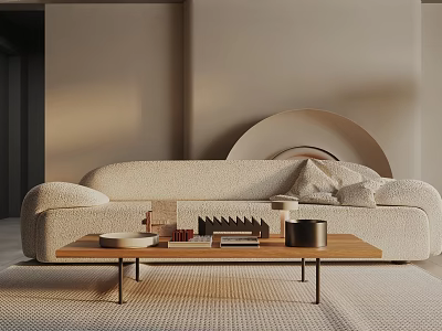 Beige Three Seater Sofa In Modern Living Room With Wooden Coffee Table And Decorative Items 3d model