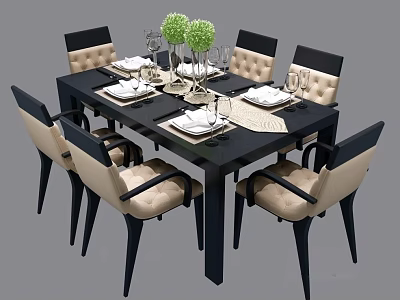 Elegant Black Dining Table Set With Beige Upholstered Chairs Green Plants And Tableware 3d model