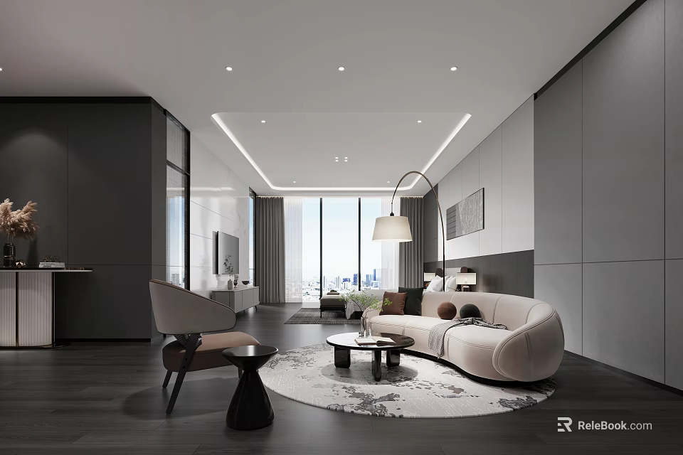 Hotel Guest Room Modern Decor With Elegant Sofa Coffee Table Floor Lamp And Floor-to-Ceiling Windows 3d model 