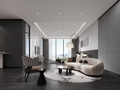 Hotel Guest Room Modern Decor With Elegant Sofa Coffee Table Floor Lamp And Floor-to-Ceiling Windows 3d model