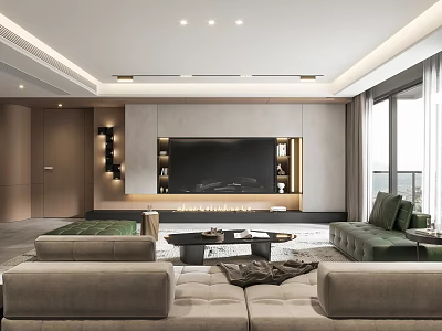 Modern Living Room Interior Design With Grey Sofa TV Wall And Coffee Table 3d model