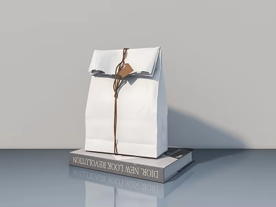 Hand Carved Paper Bag Sculpture With Brown String Tag On Modern Design Book Gray Background 3d model