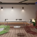 Cozy Courtyard Garden With White Bench Wooden Flooring Green Plants Stone Wall And Starry Ceiling