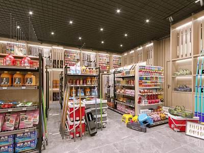 Organized Specialty Store Interior With Shelves Of Daily Products And Food Items 3d model