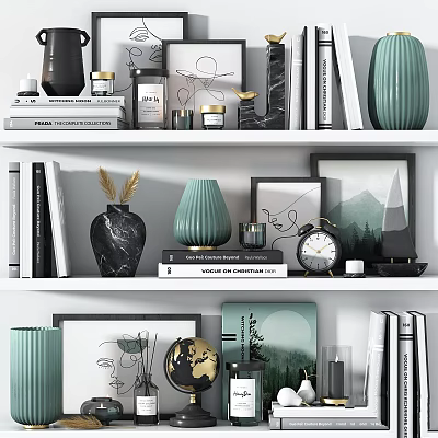 Modern Decorative Ornament Set With Vases Books Framed Prints And Globe On Shelf 3d model