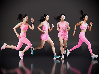 Women in Pink Sportswear Running Against Gray Background with Reflective Floor 3d model
