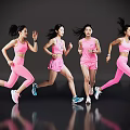 Women in Pink Sportswear Running Against Gray Background with Reflective Floor