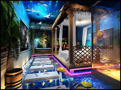 Tropical Hotel Room With Starry Ceiling Water Pathway And Beach View 3d model