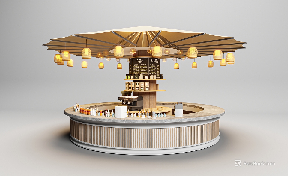 Round Bar Counter with Canopy Decorated by Hanging Lanterns Wine Bottles and Menu Board 3d model 