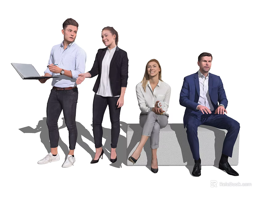 Group of Business Professionals Collaborating with Laptop in Office Setting 3d model 