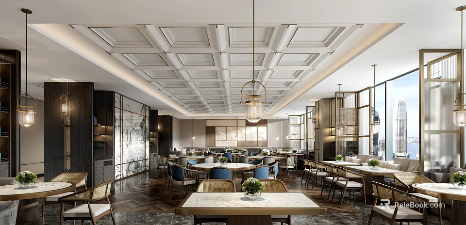 Elegant Restaurant Interior With Decorative Ceiling Hanging Lamps And Wooden Chairs Design 3d model 