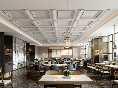 Elegant Restaurant Interior With Decorative Ceiling Hanging Lamps And Wooden Chairs Design 3d model