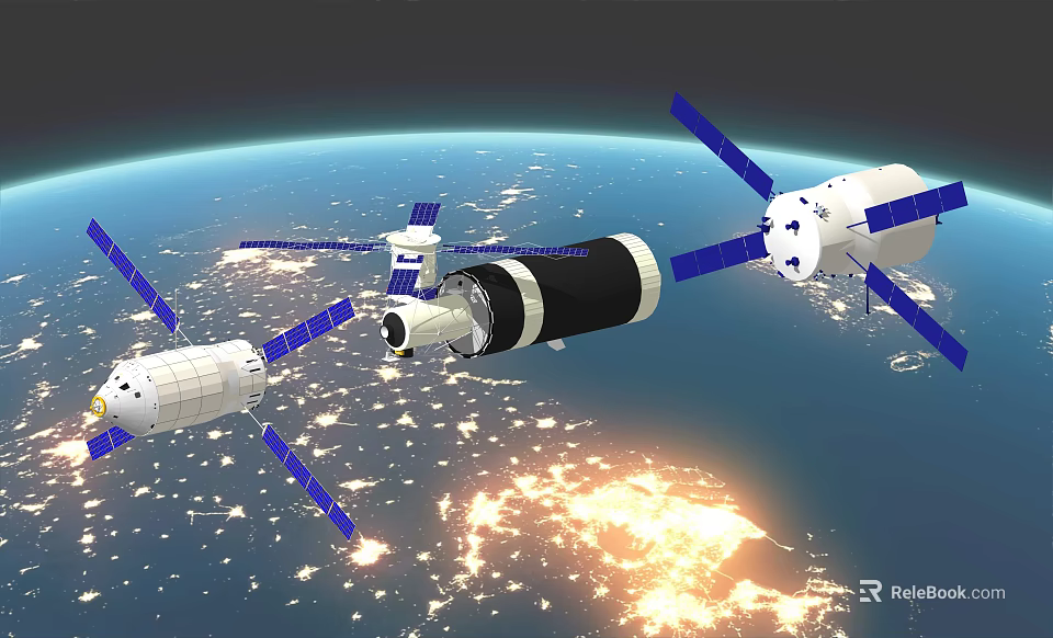 Modern Satellites And Spacecraft With Blue Solar Panels In Earth Orbit 3d model 