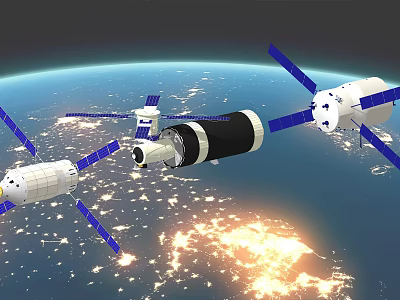 Modern Satellites And Spacecraft With Blue Solar Panels In Earth Orbit 3d model
