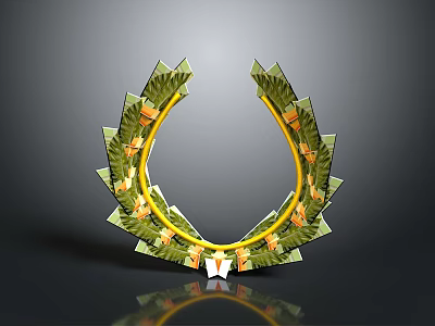 Green Plant Wreath With Decorative Leaves And Yellow Accents On Black Background 3d model