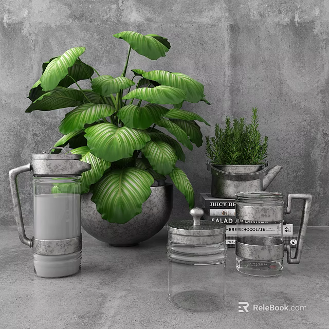 Indoor Bonsai Plant With Large Green Leaves In Metal Containers On Tabletop 3d model 