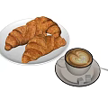 Freshly Baked Croissants with Latte Foam Art on White Plate with Sugar Cubes and Spoon