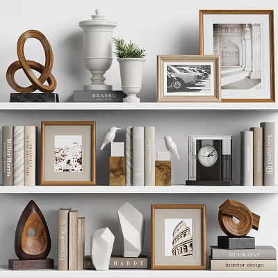 Elegant Decorative Ornament Combination With Photo Frames Sculptures Books Potted Plant And Clock On Shelves 3d model