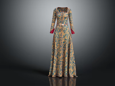 Elegant Long Dress With Blue Red Floral Pattern Long Sleeves Red Cuffs And Belt Detail 3d model