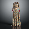 Elegant Long Dress With Blue Red Floral Pattern Long Sleeves Red Cuffs And Belt Detail