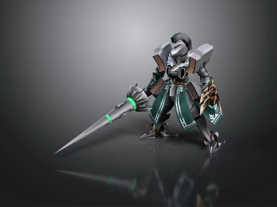 Detailed Armored Fantasy Character With Green Glowing Spear And Mechanical Armor 3d model