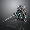Detailed Armored Fantasy Character With Green Glowing Spear And Mechanical Armor
