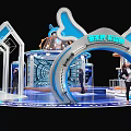 Futuristic Tech Exhibition Booth With Blue White Design Circular Structure Domed Top And People Around