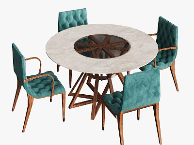 Round Dining Table Set With Marble Top Crossed Wooden Legs And Turquoise Upholstered Armchairs 3d model
