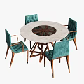 Round Dining Table Set With Marble Top Crossed Wooden Legs And Turquoise Upholstered Armchairs