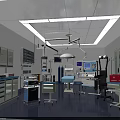 Modern Operating Room Interior With Surgical Lights Medical Carts Monitors White Blue Cabinets And Equipment
