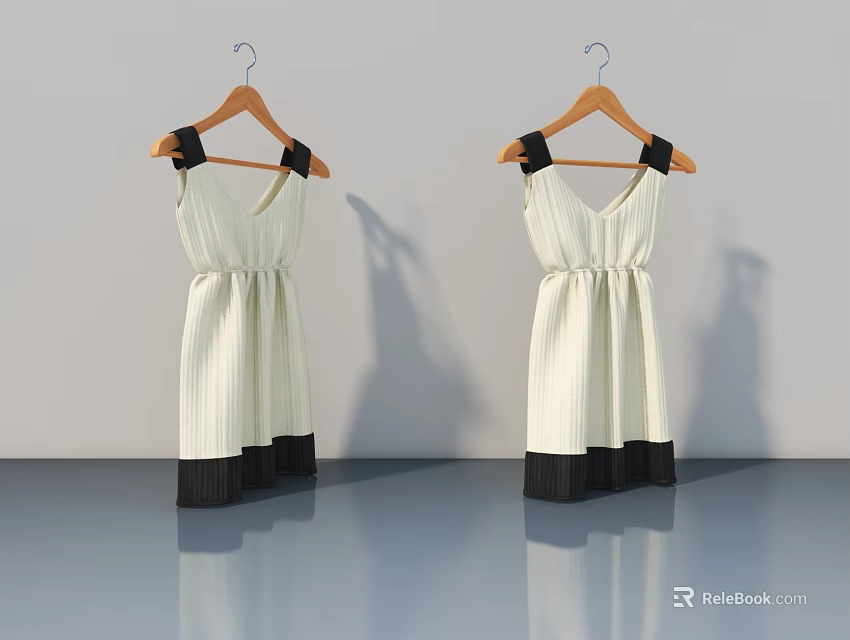 White Dresses With Black Decorations On Wooden Hangers Against Gray Walls And Floor With Reflections 3d model 
