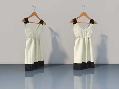White Dresses With Black Decorations On Wooden Hangers Against Gray Walls And Floor With Reflections 3d model