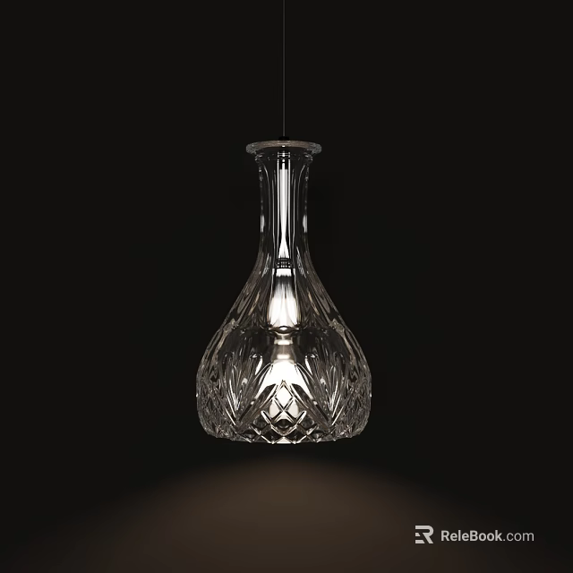 Transparent Crystal Bottle Shaped Chandelier With Intricate Cut Patterns Illuminated Against Black Background 3d model 