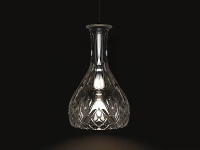 Transparent Crystal Bottle Shaped Chandelier With Intricate Cut Patterns Illuminated Against Black Background 3d model