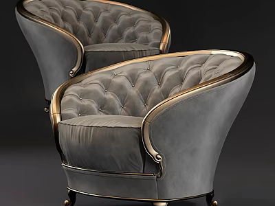 Luxury Gray Single Sofa With Gold Frame And Diamond Tufted Design 3d model