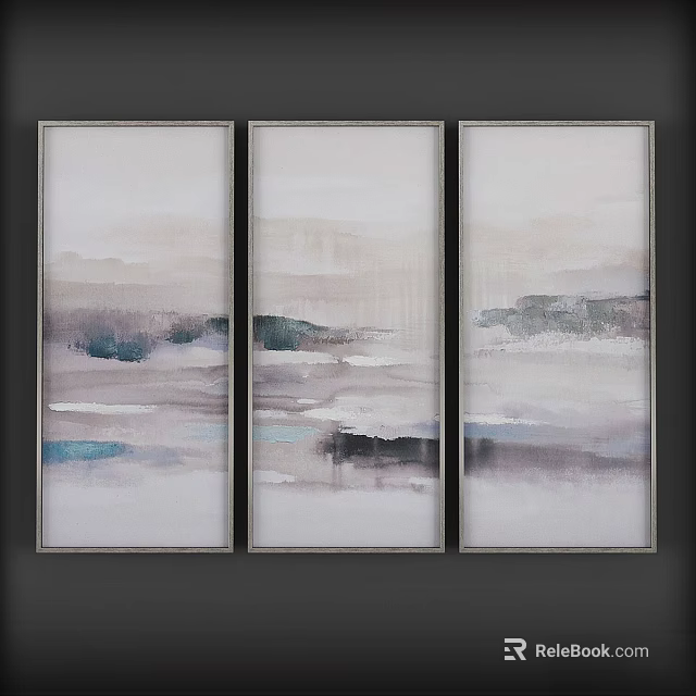 Modern Framed Abstract Landscape Three Panel Wall Art with Neutral Tones and Sleek Gray Frames 3d model