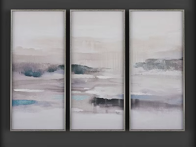Modern Framed Abstract Landscape Three Panel Wall Art with Neutral Tones and Sleek Gray Frames 3d model