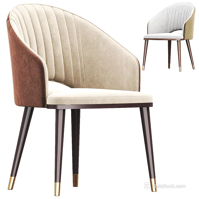 Elegant Modern Accent Chair With Beige Brown Fabric Upholstered Back Vertical Stitching And Wooden Legs 3d model 