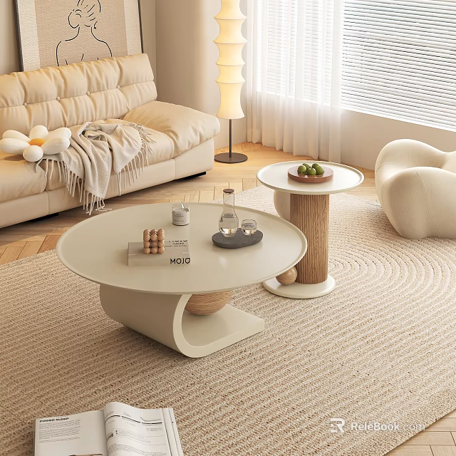 Stylish Modern White Coffee Table With Wooden Side Table In Living Room 3d model 