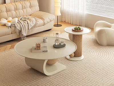 Stylish Modern White Coffee Table With Wooden Side Table In Living Room 3d model