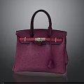 Stylish Pink Ostrich Leather Handbag With Dark Purple Handle Golden Clasp And Hanging Tassel
