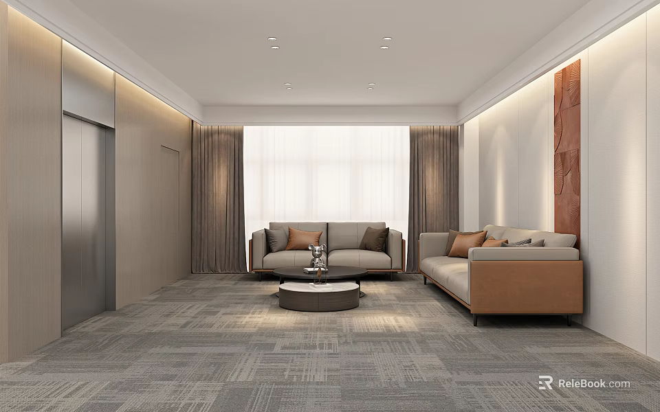 Modern Hotel Public Lounge With Comfortable Sofas Coffee Table Curtains And Neutral Tones 3d model