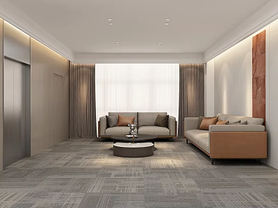 Modern Hotel Public Lounge With Comfortable Sofas Coffee Table Curtains And Neutral Tones 3d model